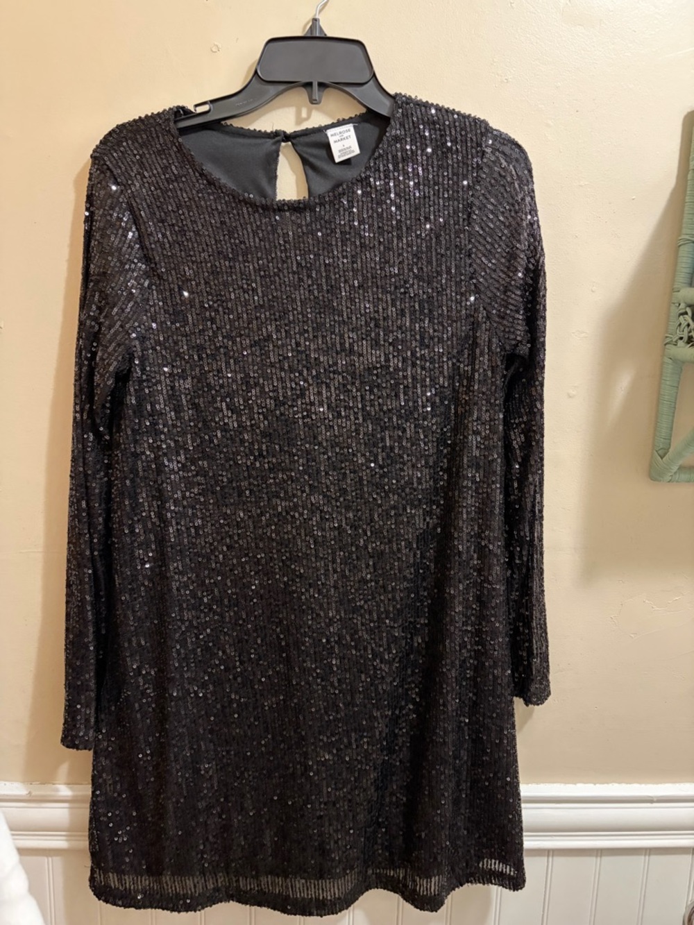 Sequin Long Sleeve Shift Dress - Black